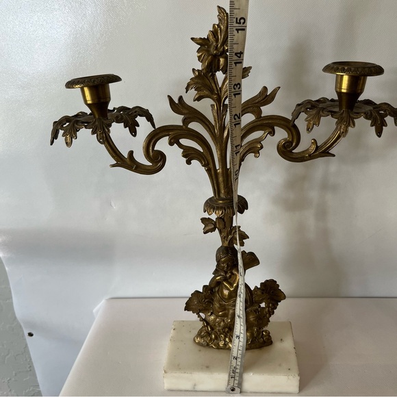 Antique Brass Cherub Baby Candelabra Marble Base Victorian - Picture 8 of 10